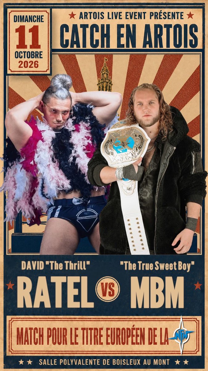 ArtoisLiveEvent's tweet photo. 🚨 Title Match Alert 🚨

"The True Sweet Boy" MBM défendra son titre Européen de la NFW face à David "The Thrill" Ratel Catch en Artois !

Qui ressortira vainqueur ?

Réponse le 11/10! https://t.co/vrw1cWcZkV