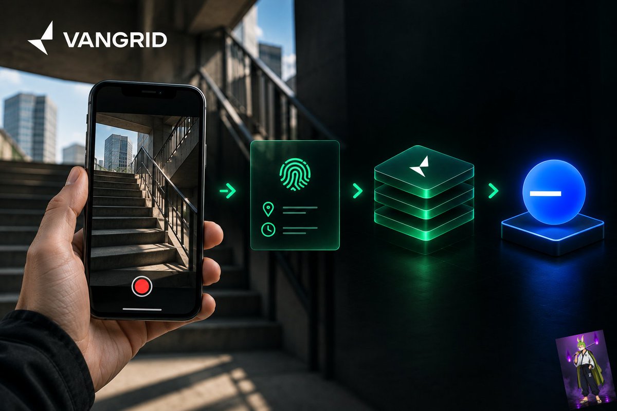 zoza_0X's tweet photo. How Vangrid turns phone captures into spatial data?

One thing I find interesting about @vangrid_io is that collecting real world data is only part of the problem.

The bigger question is: how can you verify where a capture came from and whether its record has been tampered with?

Vangrid addresses this through cryptographic provenance.

When a capture is recorded, it is fingerprinted with:

> a hash of the content
> coarse location
> timestamp

These fingerprints are then batched and their root is anchored on Base.

That creates a verification trail where a buyer can check the capture against a public ledger instead of having to rely only on the platform's own claim.

This matters because Physical AI needs more than large amounts of data.

It needs real world data with a verifiable history.

That combination of ground level capture + reconstruction + provenance is what makes Vangrid interesting to me.