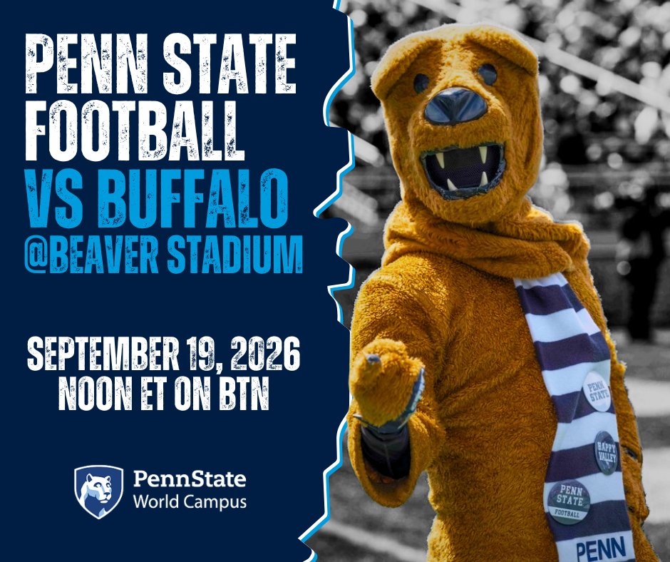 PSUWorldCampus's tweet photo. Coming off a week 2 victory over Temple, #PennState looks to extend its record to 3–0 as the #NittanyLions host Buffalo at Beaver Stadium for a noon (ET) kickoff.

Tune in to BTN to cheer on the Blue &amp; White 🔵⚪🏈 https://t.co/0E72nr1Ry1