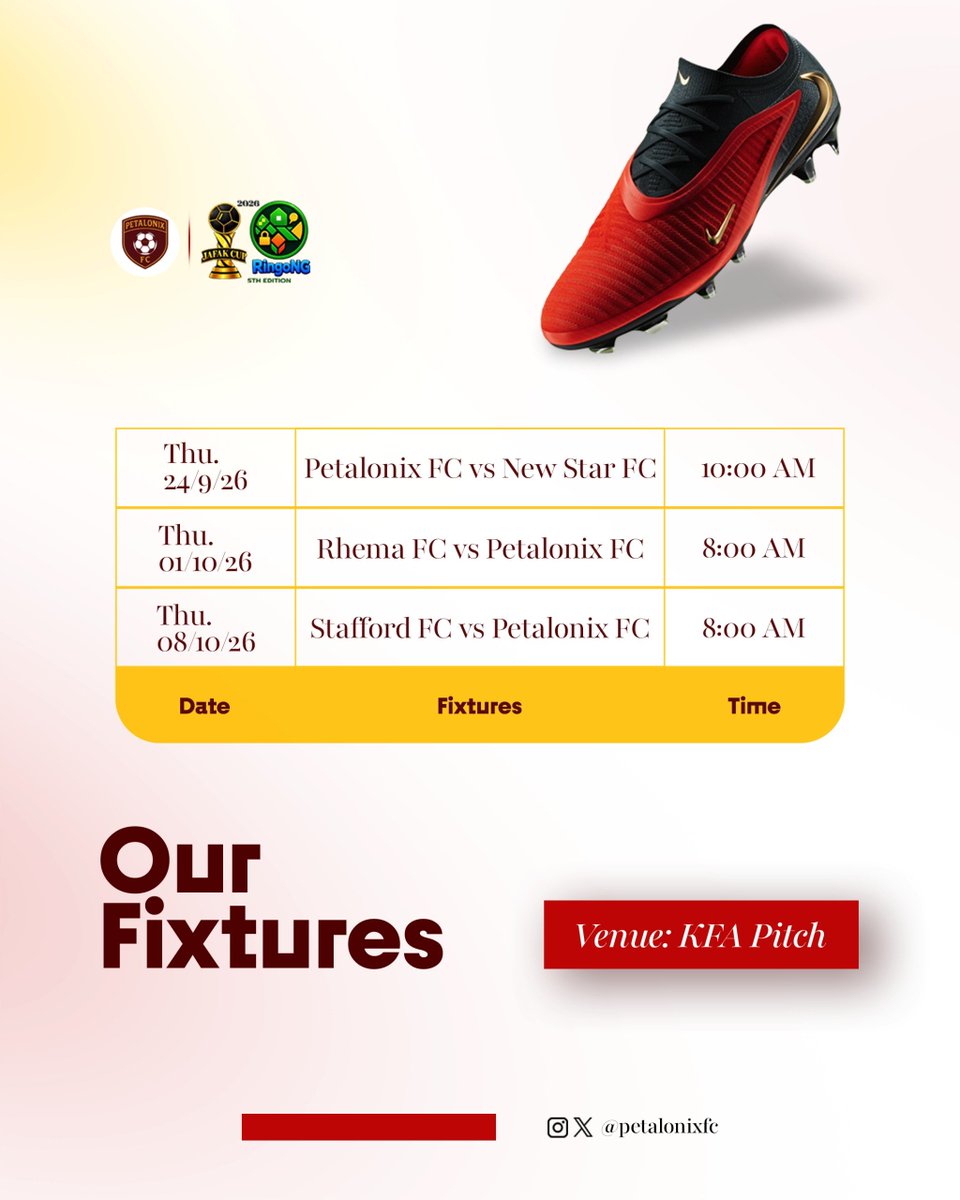 petalonixFC's tweet photo. GROUP STAGE FIXTURES ARE SET! 🏆⚽
The journey begins at the 2026 Jafak Cup – RingoNG 5th Edition.
Three group-stage battles. One objective: advance. 🔥

🆚 New Star FC
🆚 Rhema FC
🆚 Stafford FC
📍 KFA Pitch
🍷💛 Knix warriors | Ready for the challenge.

#PetalonixFC #JafakCup https://t.co/NflcuXfKDa