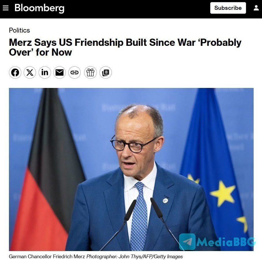 liusivaya's tweet photo. El canciller alemán, Friedrich Merz, declaró que la amistad entre Alemania y Estados Unidos, que se forjó después de la Segunda Guerra Mundial, ha llegado a su fin. 

La causa de esta ruptura es la creciente tensión entre Washington y Berlín, así como las amenazas de Donald Trump de imponer nuevos aranceles contra la Unión Europea, según informa Bloomberg.

"Al otro lado del Atlántico, estamos observando un cambio en las perspectivas políticas, un cambio en la actitud hacia la alianza transatlántica, que hace poco parecía imposible", concluyó el político alemán. 

O sea que… Han roto relaciones con Rusia por esa “amistad”, han perdido el acceso a recursos energéticos baratos, han reventado su economía, han dejado el país en la ruina…  Básicamente para nada. Para darse cuenta de que EEUU jamás quiso su bienestar. Genios. ¡Ahora a disfrutarlo!