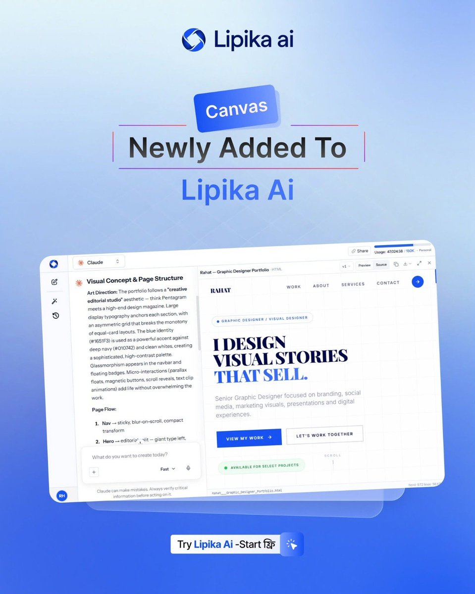 lipikaai's tweet photo. 🚀 Canvas is now available on Lipika AI!

Your workflow just got more powerful. Canvas is now newly added to Lipika AI, giving you a more flexible space to work on writing, planning, coding, creating, and refining your ideas.

👉 Try Lipika AI: https://t.co/A8EMRAMCGe

#lipikaai https://t.co/zEAJmjBQpa