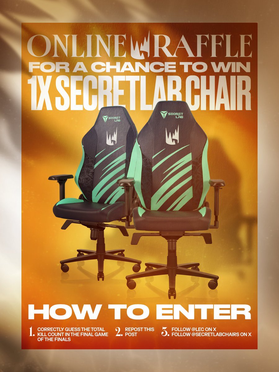 LEC's tweet photo. This is your chance to win a Secretlab chair! 🎁

How to enter:
1. Predict the total kill count of the last #LEC Summer Final game on Sunday here: https://t.co/AlUnKiNuBG
2. Repost this post.
3. Follow @LEC and @secretlabchairs.

Winner will be contacted via X DM 📨 https://t.co/wnC5yQtGZB