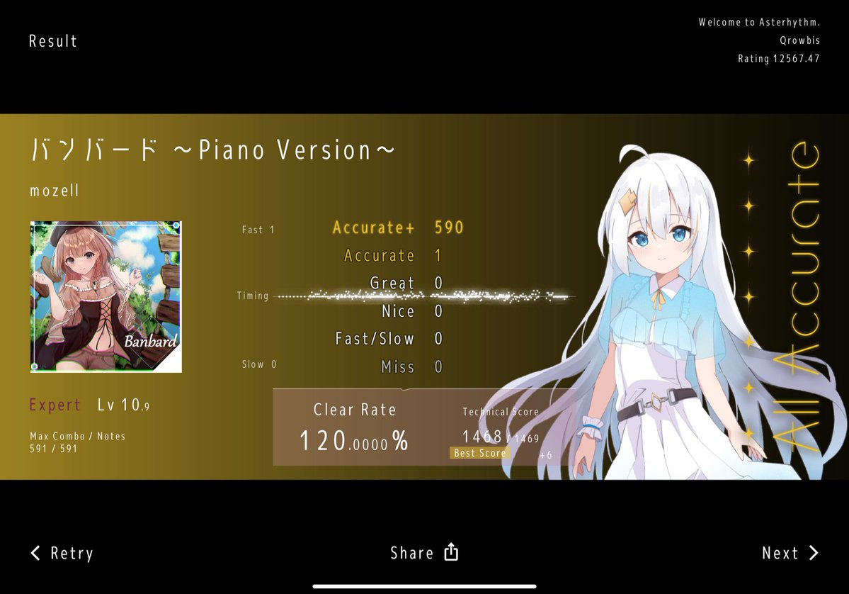 Qrowbis384's tweet photo. バンバード ～Piano Version～ (Expert) All Accurate!
Clear Rate: 120.0000%
https://t.co/Oa3MffTqkb #Asterhythm #あすりず
えなんか急に精度出た、ワンチャンかも https://t.co/A0eUKnYc8S