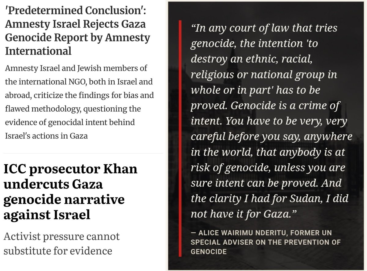 MarkZlochin's tweet photo. Here are just three specific examples that undermine Weasel Mehdi’s false “consensus” narrative:

- Amnesty Israel, which publicly rejected Amnesty International’s genocide report.

- Former ICC Prosecutor Karim Khan who - in an interview with Weasel Mehdi himself! - said he had not found evidence supporting a genocide allegation.

- Former UN Special Adviser on the Prevention of Genocide Alice Wairimu Nderitu, who repeatedly refused to apply the genocide label to the Gaza war despite an outright bullying campaign from within the UN.
