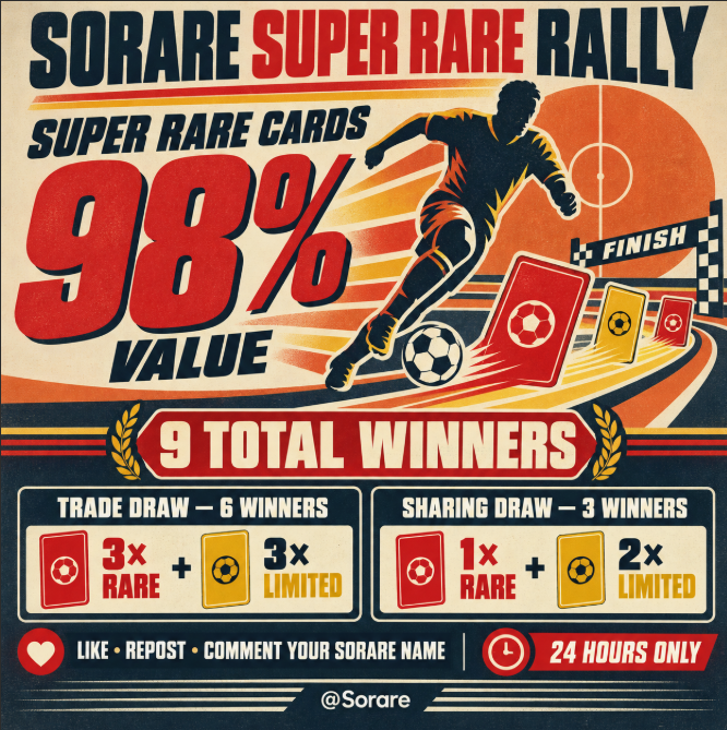 PawelTrader_'s tweet photo. 🏁 SORARE SUPER RARE RALLY 🏁

My Super Rare cards are available for only 98% of their value — every completed trade gives you one entry!

🏆 9 TOTAL WINNERS
🔴 Trade Draw: 3× Rare + 3× Limited
🟡 Sharing Draw: 1× Rare + 2× Limited

To enter the Sharing Draw:
❤️ Like • 🔁 Repost • 💬 Comment your Sorare username

⏳ The finish line closes in 24 hours — trade, share and win with @Sorare!