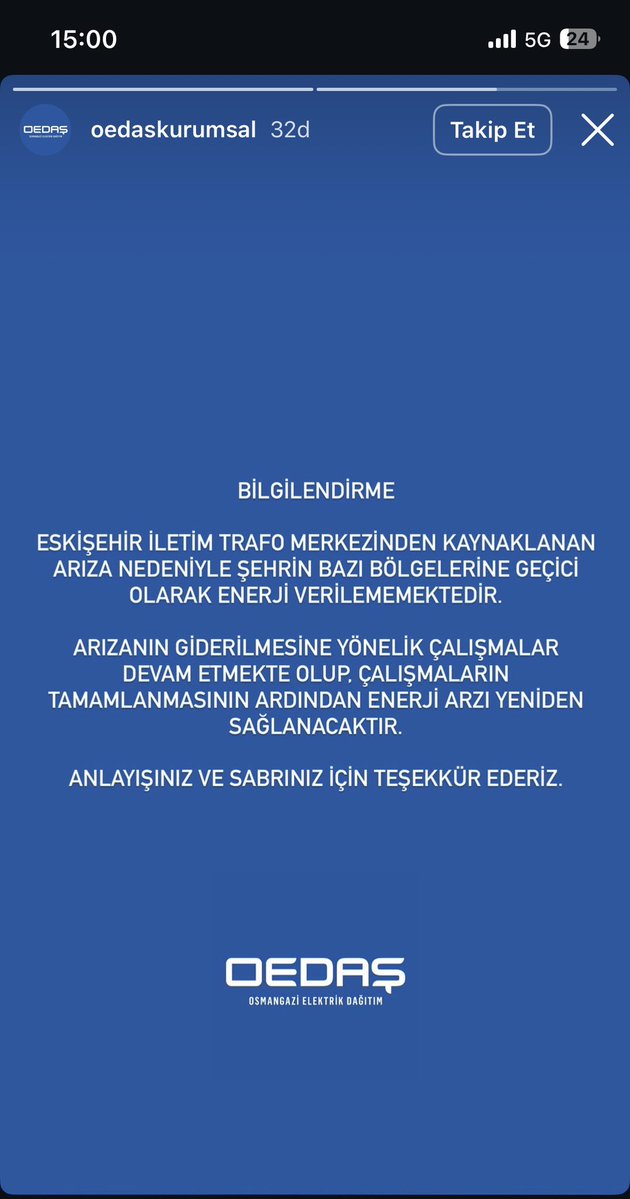 elifegis's tweet photo. @ihsanmertt @oedaskurumsal Pardon kaynak nedir? #oedas yarım saat kadar önce trafo arızası demiş çünkü https://t.co/Fe0mVSFidZ
