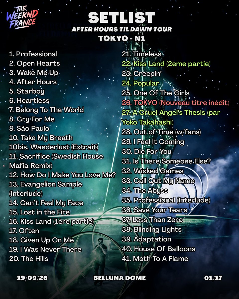 WeekndFrance's tweet photo. 🇯🇵 Premier show terminé à Tokyo : The Weeknd lance cette ultime leg avec plusieurs changements dans la setlist et de grosses surprises ! 🤯

🆕 La deuxième partie de "Kiss Land" ainsi que "Popular" ont été ajoutées au show, tandis qu'Abel a également dévoilé un tout nouveau morceau inédit, potentiellement intitulé "TOKYO", sur le fameux sample d'Evangelion ! 👀

❌ En contrepartie, "Pretty", "Rather Lie", "Niagara Falls" et "Stargirl Interlude" n'ont pas été interprétés ce soir, contrairement à la dernière date de la leg européenne d'il y a deux semaines ! 🔄

🚨 Autre grosse surprise : Yoko Takahashi a rejoint The Weeknd sur scène pour interpréter "A Cruel Angel's Thesis", le célèbre générique de "Neon Genesis Evangelion" ! 😍

📜 Retrouvez ci-dessous la setlist complète de cette première soirée au Belluna Dome (19/09/26) ! ⬇️
