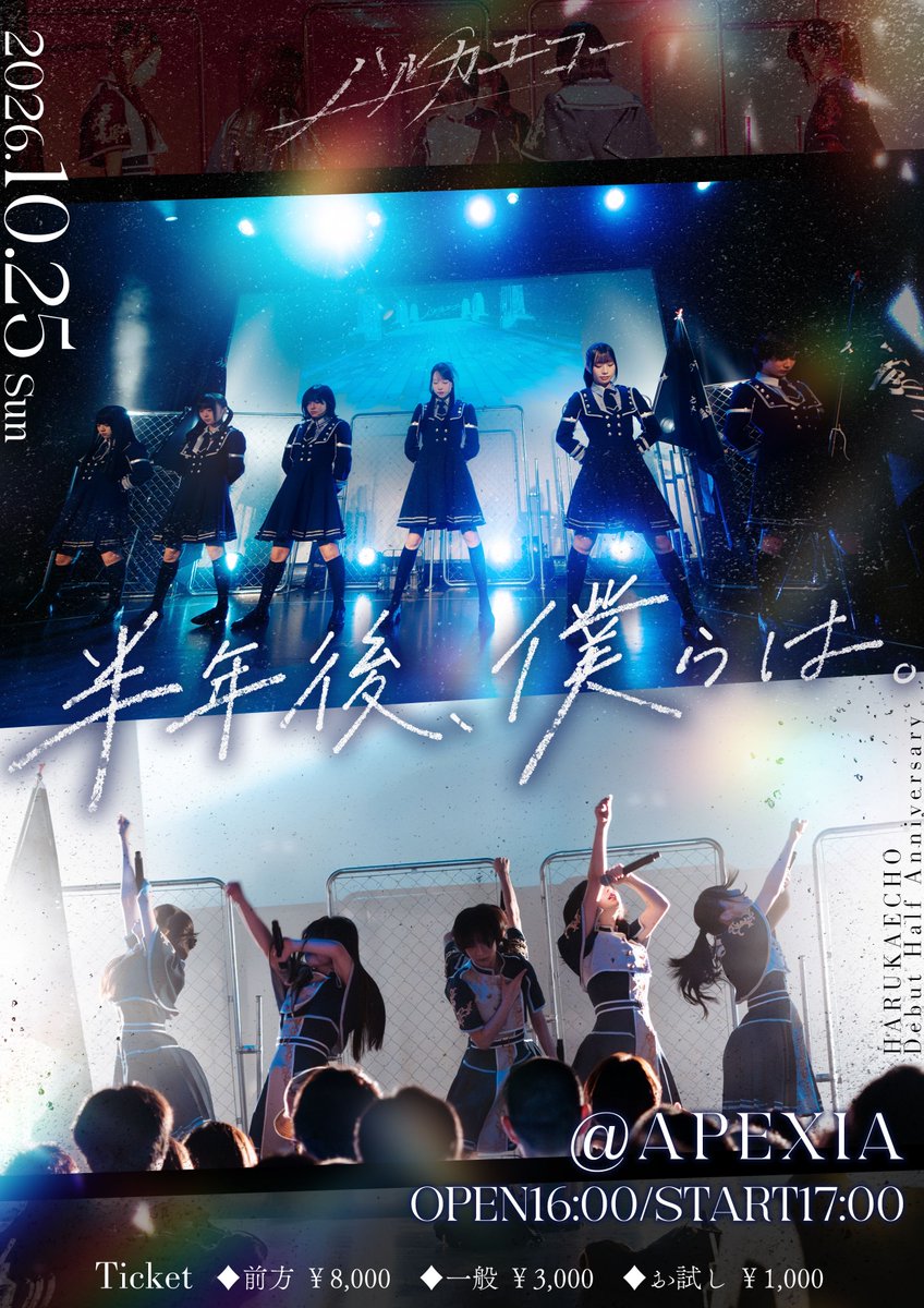 HARUKAECHO_IDOL's tweet photo. 【デビュー半年記念ライブ開催決定❗️】

2026.10.25 (Sun)
ハルカエコーデビュー半年記念公演
「半年後、僕らは。」
＠ APEXIA
OPEN 16:00 / START 17:00

新曲🎧新グッズ販売予定❕

チケット🎟️ (9/20 21:00~ )
https://t.co/b4MptQsSl8

#ハルカエコー https://t.co/fpia4QCRPr
