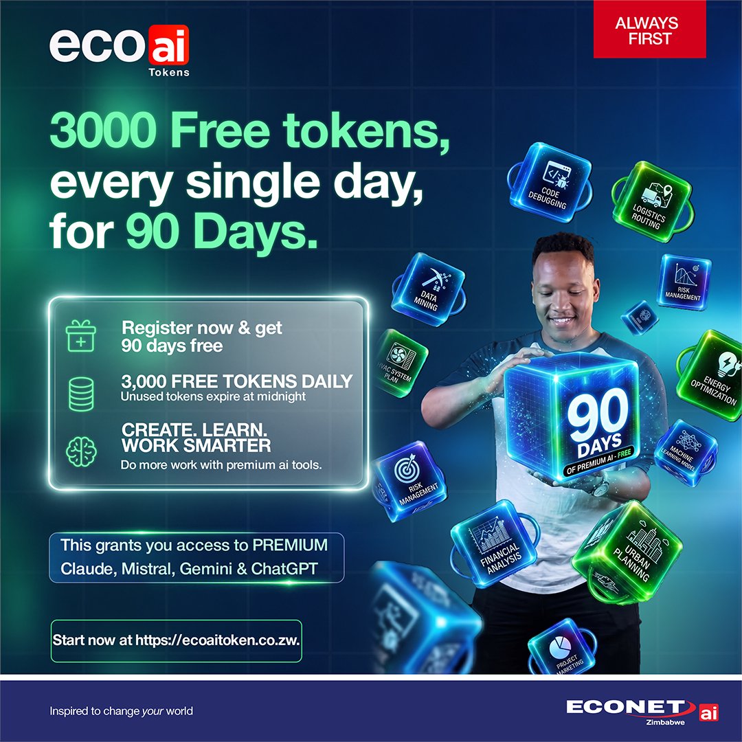 econetzimbabwe's tweet photo. Got projects, assignments, research or content to create? π‘
Eco AI Tokens give you 3,000 free tokens every day for 90 days, with access to premium AI tools.
Do more, learn faster, work smarter.
Register at https://t.co/BOzHUoj2Im β¨
#EcoAITokens #WorkSmarter #AlwaysFirst https://t.co/GBJV4PjiRY