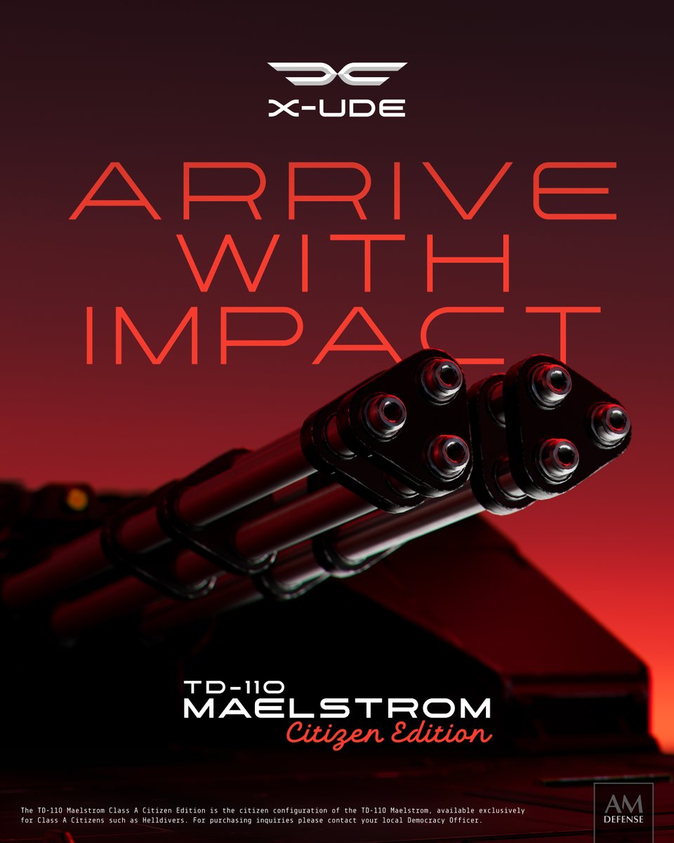 helldivers2's tweet photo. We're giving you the one thing you need to arrive with impact: the TD-110 Maelstrom from X-UDE. A Tank in Every Driveway.

Luxury in every detail. https://t.co/eXRhACb2ua