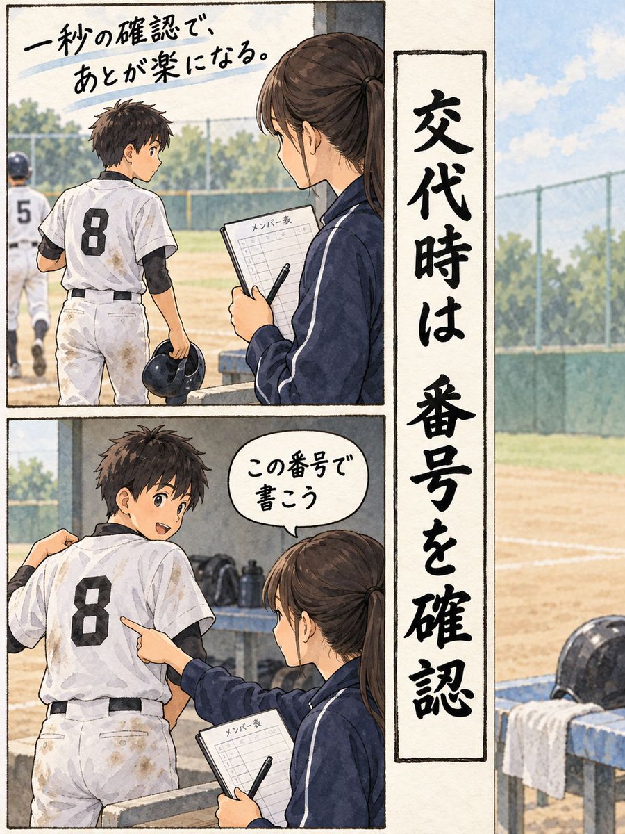 yakyulog_ja's tweet photo. 似た名前や交代のあと、名前だけで書くと迷いやすい。打順表と背番号を一度確認してから記録する。App Storeで『野球ログ』を検索できます。あなたの確認方法は？

#少年野球 #スコアブック #試合記録 https://t.co/4iTYaWUQOG
