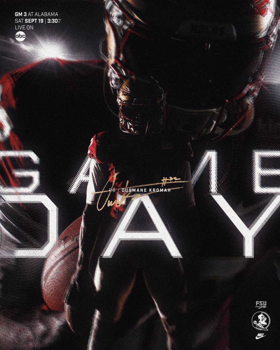 FSUFootball's tweet photo. Get up, it’s Game Day!

🆚 #10 Alabama
📺 ABC
🕞 3:30 PM ET
📍 Tuscaloosa, AL
🏟️ Bryant-Denny

📻 https://t.co/3Q9m0RZz9W

#NoleFamily https://t.co/ajMtmPkVL8