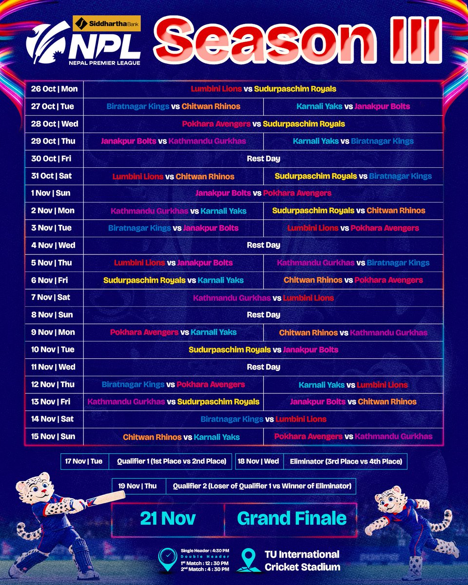 OfficialNPLT20's tweet photo. 🏔️ Mark Your Calendars for Festival of Himalayas! 🇳🇵

 26 Oct – 21 Nov | #SBLNPL Season III fixtures set &amp; locked 🔒

#NepalCricket https://t.co/8Q36g7ZGIb