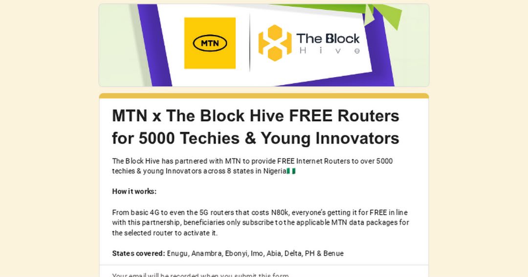 ChinazorWinner's tweet photo. MTN x The Block Hive FREE Routers for 5000 Techies &amp; Young Innovators

🏛️ Provider: Block Hive
📅 Deadline: 19 September 2026

👉 Read Full Details on BrainCode Opportunities:
https://t.co/zrnmzNp6Yd

Join BrainCode Opportunities for verified daily alerts:
https://t.co/hfIeLmjisk https://t.co/jFQa9CETlg
