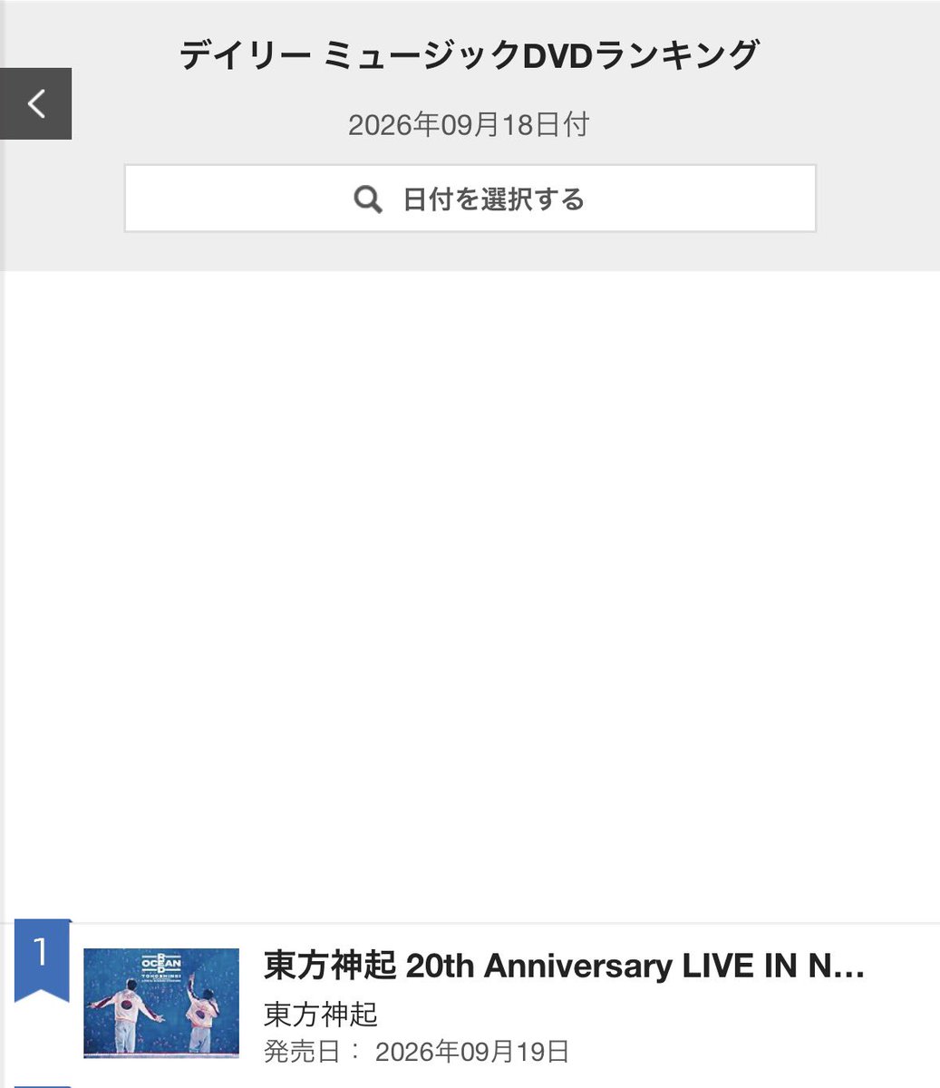 mayu_denphal's tweet photo. ￼
一位🥇来ましたね！

2026年09月18日付
オリコンランキング

東方神起 20th Anniversary LIVE IN NISSAN STADIUM ～RED OCEAN～

デイリーDVD
デイリーミュージックDVD
デイリーBlu-ray

https://t.co/klSfQkaIWi 

#東方神起 https://t.co/ydGtEjMmL6