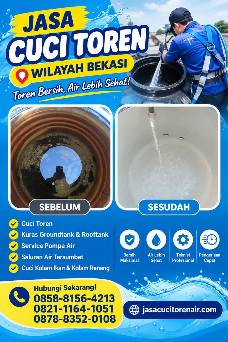 Cucitorenair's tweet photo. 💧 JASA CUCI TOREN WILAYAH BEKASI 💧
Toren kotor, berlumut?
✨ Saatnya cuci toren sampai bersih!
📞 Hubungi Sekarang:
0858-8156-4213
0821-1164-1051
0878-8352-0108
🌐 https://t.co/EuUTxQrYcl
#JasaCuciTorenBekasi #KurasToren #InstalasiAir #CuciTorenBekasi #Jabodetabek https://t.co/IrC7OicEvL