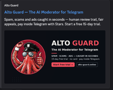 ZoleGentle's tweet photo. AI Moderator for Telegram Groups, able to collect leads, provide technical support and more, use the code to get a free subscription: AG-EX6P-54CQ https://t.co/XhOChy8jBo