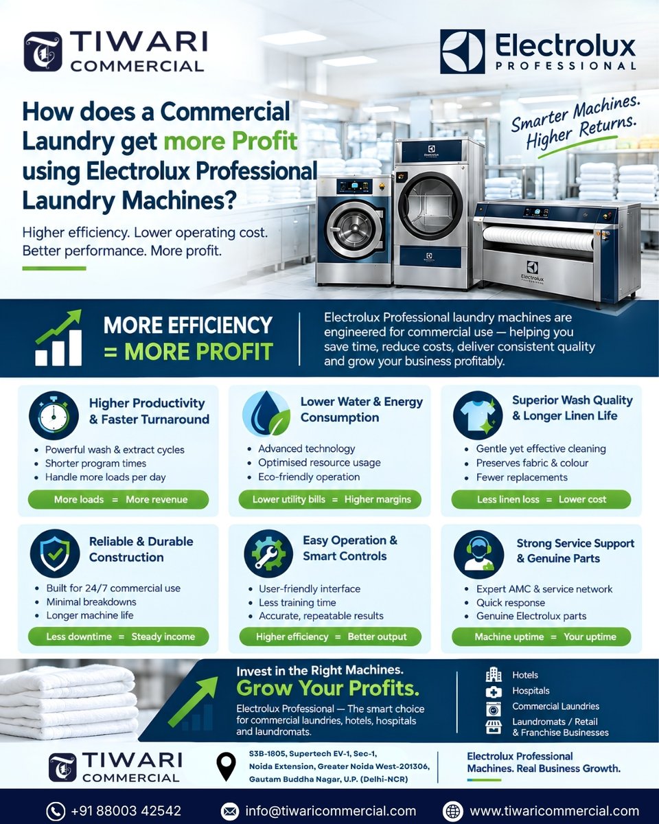 TiwariCommercl's tweet photo. Tiwari Commercial — Your Partner for Complete Commercial Laundry Solutions.
📞 +91 88003 42542
🌐 https://t.co/l2PKEJayOT
#CommercialLaundry #ElectroluxProfessional #LaundryEquipment #CommercialLaundrySolutions #TiwariCommercial https://t.co/dEH7XkTvVI