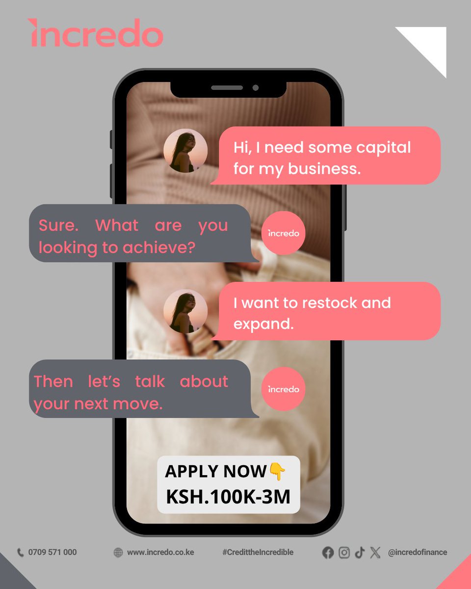 incredofinance's tweet photo. Every business has a next move. Sometimes, it just needs the right capital behind it.

Whether it’s restocking, expanding or taking advantage of a new opportunity, let’s talk about what’s possible.
📷 0709 571 000

#CredittheIncredible #SMELoans #BusinessGrowth #IncredoFinance https://t.co/DgQjCJ2B5C
