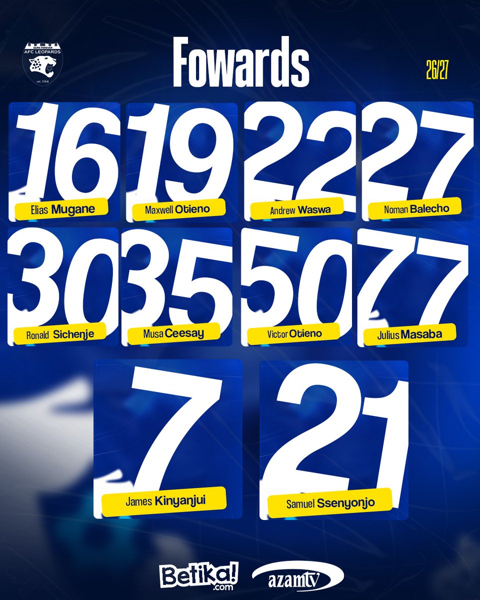 AFCLeopards's tweet photo. 𝟐𝟎𝟐𝟔/𝟐𝟕 𝐒𝐐𝐔𝐀𝐃 𝐍𝐔𝐌𝐁𝐄𝐑𝐒 

Introducing  AFC Leopards SC 2026/27 squad numbers

2️⃣9️⃣ - Number of players

Jerseys 7️⃣ and 1️⃣0️⃣ have new owners

@betikaKe |  @AzamTVKenya

#𝐈𝐧𝐠𝐰𝐞𝐍𝐚𝐁𝐞𝐭𝐢𝐤𝐚 | #𝐎𝐮𝐫𝐬𝐅𝐨𝐫𝐞𝐯𝐞𝐫 | #𝐘𝐚𝐌𝐚𝐭𝐞𝐫𝐞 https://t.co/oiY9AznYIc