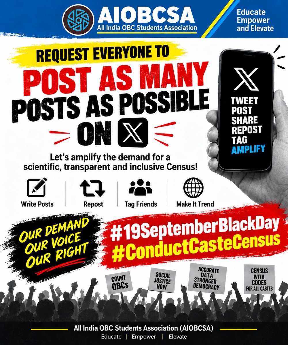aiobcsa's tweet photo. On #19SeptemberBlackDay, the All India OBC Students Association (AIOBCSA) is highlighting four demands concerning Census 2027:
1️⃣ Pre-defined caste drop-down lists
2️⃣ Unique codes for every caste
3️⃣ A separate OBC column
4️⃣ Consultation before proceeding with the census exercise. https://t.co/zcfaD7R3uW