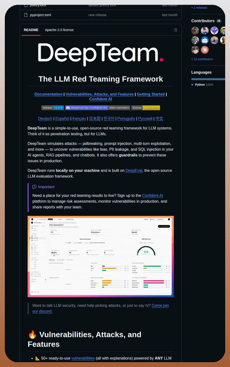 hemran_7282's tweet photo. DeepTeam runs locally to simulate attacks and uncover vulnerabilities in LLM systems.
https://t.co/CLEUIQlg0f
#CyberSecurity #InfoSec #e0xsecops #TechLeadershi https://t.co/UnLCwrVnuk