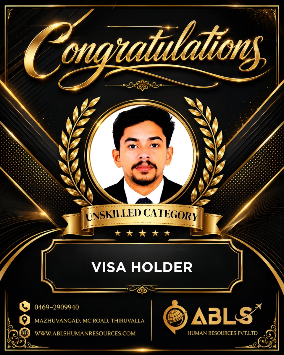 ABLS_HR's tweet photo. CONGRATULATIONS🎊
Job : UNSKILLED CATEGORY
.
Call Us Today for a Job! Get a chance to work Abroad 
Contact No- 9037962170, 9037962168
.
Location: ABLS HUMAN RESOURCES PVT. LTD,
1st Floor, Kurishumoottil Buildings,
Mazhuvangad, MC Road, Thiruvalla
.
WEB: https://t.co/MLAjXlohSz https://t.co/vZICeuFS8Q