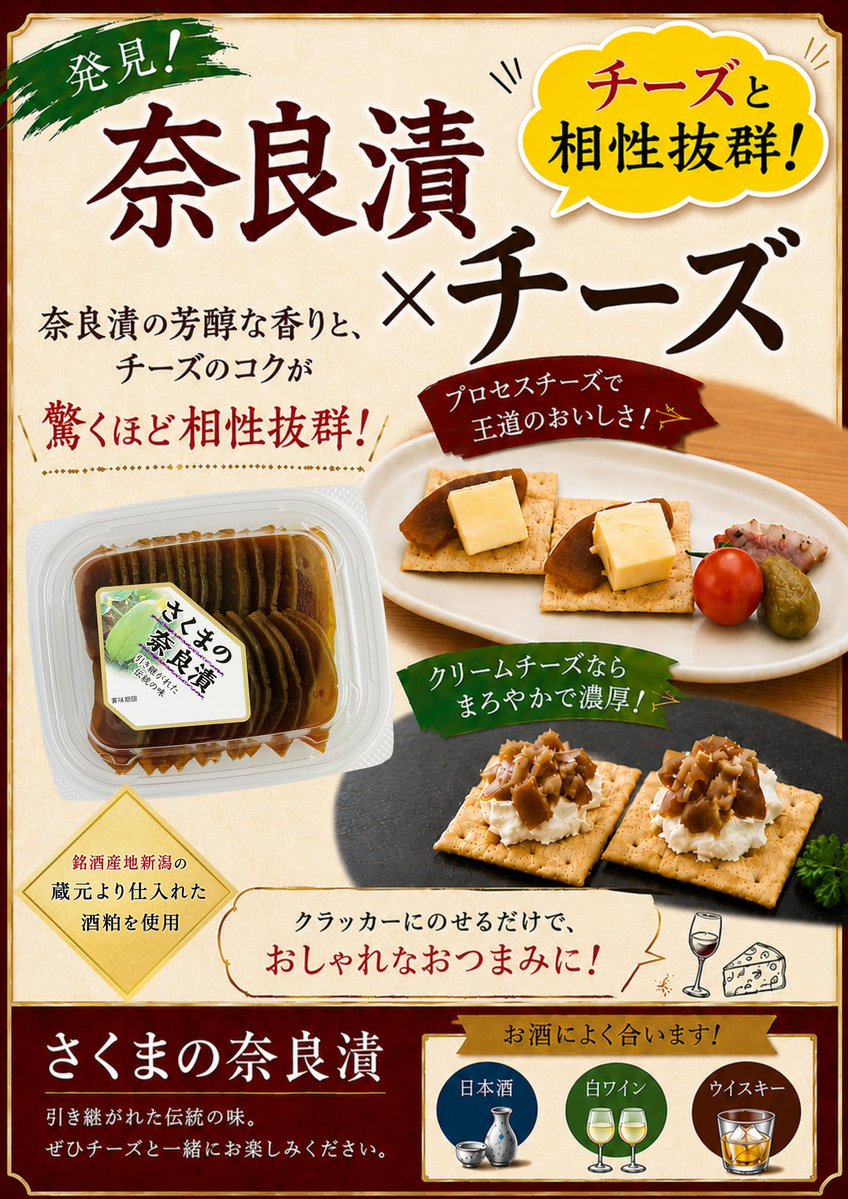 shokukeishinbun's tweet photo. “城下町新発田のお漬物を食卓に”をスローガンに、多彩で個性的な漬物製品の開発と販売で注目される佐久間食品㈱（新潟県新発田市、佐久間大輔社長）では、このところ「奈良漬」と「青とうがらし味噌漬」の売れ行きが、好調となっている。
　銘酒産地新潟の蔵元から仕入れた酒粕を使用した「奈良漬」では、単品でのおいしさはもとより、チーズとの相性が抜群であることが発見され、同社では「奈良漬の芳醇な香りと、チーズのコクが驚くほど相性抜群！」と謳ったPOPを作成、①プロセスチーズで王道のおいしさ！②クリームチーズならまろやかで濃厚！（クラッカーにのせるだけで。おしゃれなおつまみに！）とアピールしている。
　そして日本酒をはじめ、白ワイン、ウイスキーなどお酒にもよく合うことをセールスポイントとしている。
　また、「青とうがらし味噌漬」の方は、食感や風味を楽しめる青唐辛子を“越後みそ”で漬け込んでいるため、ピリ辛な青唐辛子×少し甘めな越後みそで「箸の止まらない一品！！」となり、ご飯のお供×酒肴×万能薬味であることをアピールしている。
　おすすめの食べ方としては、通常の油揚げの約３倍もの大きさのある「栃尾の油揚げ」に挟んでトースターで焼けば、外はカリッ！中はジューシー！となり、青とうがらし味噌漬のピリ辛と香ばしい油揚げが絶妙にマッチするとして、油揚げの製造企業からも注目と期待の一品となっている。
