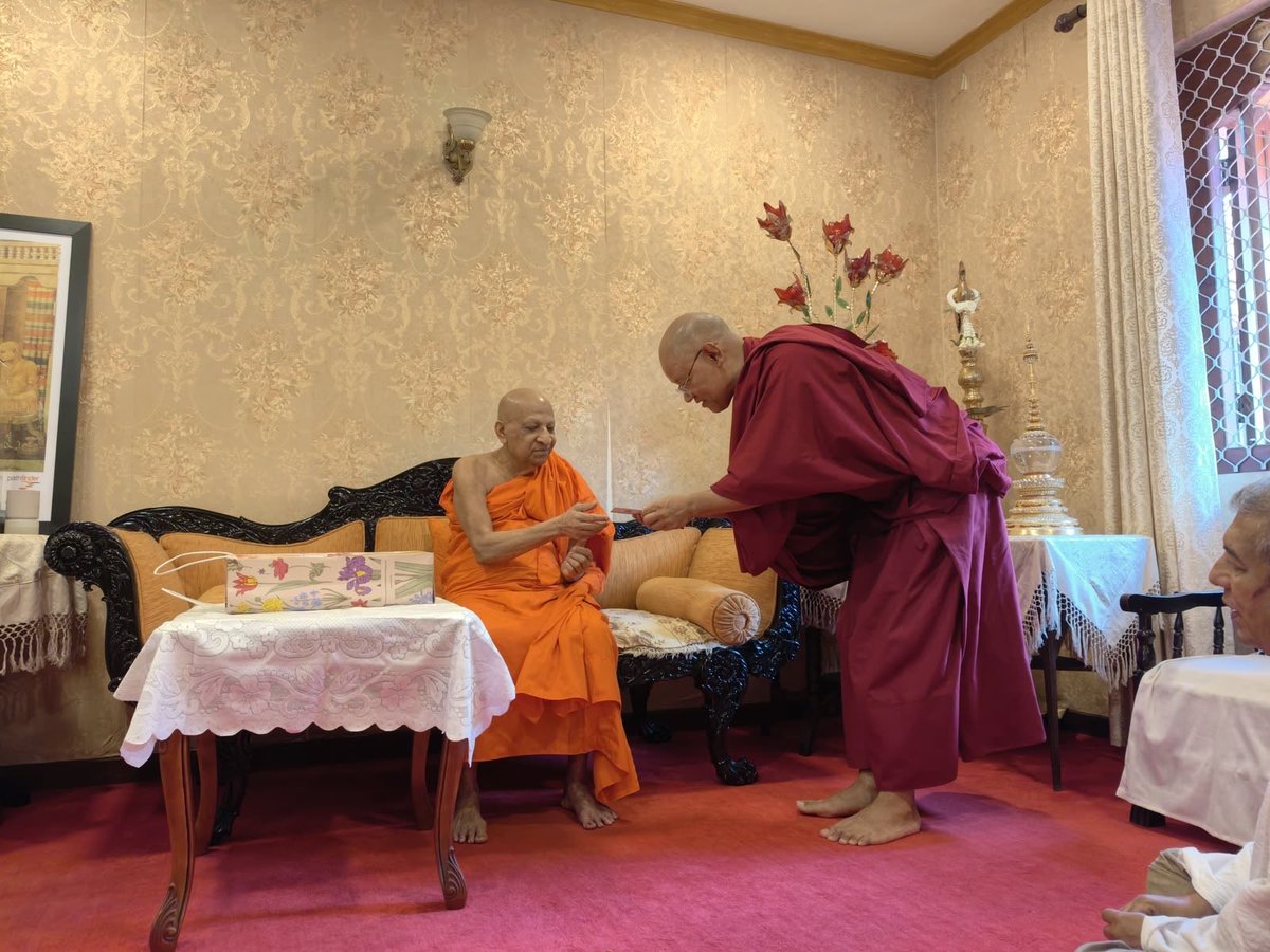 IbcWorldOrg's tweet photo. The Secretary General (SG) of International Buddhist Confederation (IBC), Shartse Khensur Jangchup Choeden Rinpoche, paid a reverential visit to Most Venerable Thibbatuwawe Sri Siddhartha Sumangala Thera, the 26th Mahanayaka Thera and Head of the Malwatta Chapter of the Siam Nikaya at his residence at Malwatta Temple, Kandy in #SriLanka. SG respectfully sought the blessings of the Most Venerable Mahanayaka Thera, honouring his profound spiritual leadership and the enduring heritage of the Sri Lankan Buddhist Sangha. The SG also briefed the Mahanayaka Thera on the multifaceted charter of the IBC, and its programmes and events through which the IBC engages the global Buddhist community.

@MFA_SriLanka