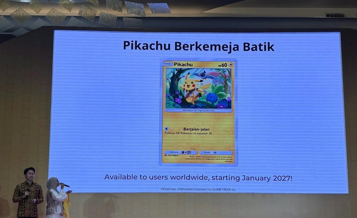 AaseTanjiro's tweet photo. Looks like promotion for the new Gen 10 Pokémon region (Southeast Asia) will start as soon as in January! 

Pikachu Berkemeja Batik will be available in Pokémon TCG Pocket worldwide in January. https://t.co/3imQQgjrRC