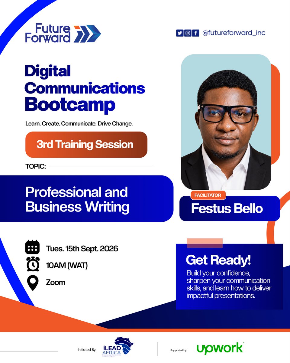 future4wardinc's tweet photo. We held the 3rd #DigitalCommunicationsBootcamp Training Session on Professional & Business Writing, facilitated by Festus Bello, Managing Partner, BFG Global Consulting, strengthening participantsโ writing skills for the workplace & #FutureofWork.
#FutureForwardInc #FFDCB https://t.co/gogx06GLS5