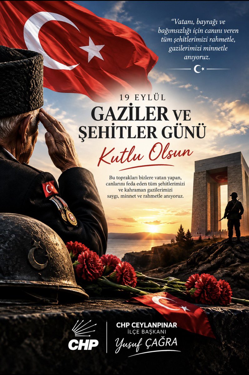 cagraYusufCHP's tweet photo. Vatanımızın bağımsızlığı uğruna fedakârlık gösteren kahraman gazilerimizi saygı, minnet ve şükranla anıyorum.

19 Eylül Gaziler Günü kutlu olsun. 🇹🇷

CHP Ceylanpınar İlçe Başkanı
         Yusuf ÇAĞRA https://t.co/WLVkMlaKY6
