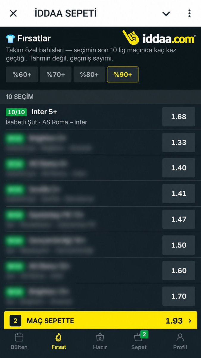 KuponGozlem's tweet photo. Bugünün %90+ Fırsatlar ekranından sadece 1 seçimi açık bırakıyorum 👀

✅ Inter 5+ isabetli şut — son 10/10 maçta geçti.
Diğer seçimler ve oranlar botta hazır.

📊 Tahmin değil; son maç verileri, gerçekleşme oranları ve özel bahisler tek ekranda.

👉 https://t.co/VortvlbOQf
Botu başlatıp Fırsatlar bölümüne girmeniz yeterli.
Ücretsiz.