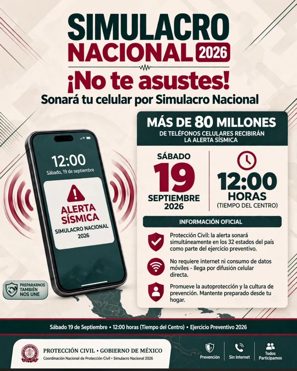 ceciliatell's tweet photo. 🚨 ¡NO TE ASUSTES! ESTE SÁBADO SONARÁ TU CELULAR 🚨

Este Sábado 19 de Septiembre a las 12:00 horas, más de 80 MILLONES de celulares en los 32 estados recibirán la ALERTA SÍSMICA como parte del SIMULACRO NACIONAL 2026

#SimulacroNacional2026 #AlertaSismica #ProteccionCivil #19S https://t.co/N9lzqKQmhm