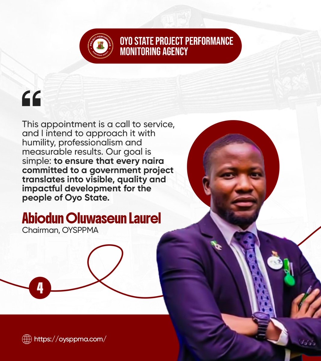 seun_laurel's tweet photo. I am deeply grateful to His Excellency, Engr. Seyi Makinde, for the confidence and trust reposed in me. This appointment is not only a responsibility entrusted to me personally, but also a strong demonstration of His Excellency’s continued belief in the capacity of young people to lead, serve and deliver in Oyo State.
My commitment is to bring a new level of innovation, technology and efficiency to the Oyo State Project Performance and Monitoring Agency. We will strengthen project monitoring through data, digital tools and real-time reporting, ensuring that government projects are tracked from approval to completion.
Going forward, citizens should expect greater transparency, accountability and visibility in the delivery of government projects. The people deserve to know what projects are being implemented, where they are located, their status and the value they are delivering to their communities.

This appointment is a call to service, and I intend to approach it with humility, professionalism and measurable results. Our goal is simple: to ensure that every naira committed to a government project translates into visible, quality and impactful development for the people of Oyo State.

Abiodun Oluwaseun Laurel
Chairman, Oyo State Project Performance Monitoring Agency (OYSPPMA)