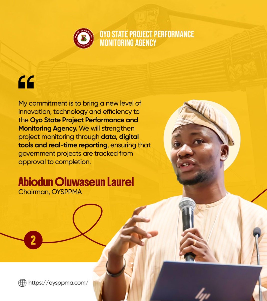 seun_laurel's tweet photo. I am deeply grateful to His Excellency, Engr. Seyi Makinde, for the confidence and trust reposed in me. This appointment is not only a responsibility entrusted to me personally, but also a strong demonstration of His Excellency’s continued belief in the capacity of young people to lead, serve and deliver in Oyo State.
My commitment is to bring a new level of innovation, technology and efficiency to the Oyo State Project Performance and Monitoring Agency. We will strengthen project monitoring through data, digital tools and real-time reporting, ensuring that government projects are tracked from approval to completion.
Going forward, citizens should expect greater transparency, accountability and visibility in the delivery of government projects. The people deserve to know what projects are being implemented, where they are located, their status and the value they are delivering to their communities.

This appointment is a call to service, and I intend to approach it with humility, professionalism and measurable results. Our goal is simple: to ensure that every naira committed to a government project translates into visible, quality and impactful development for the people of Oyo State.

Abiodun Oluwaseun Laurel
Chairman, Oyo State Project Performance Monitoring Agency (OYSPPMA)