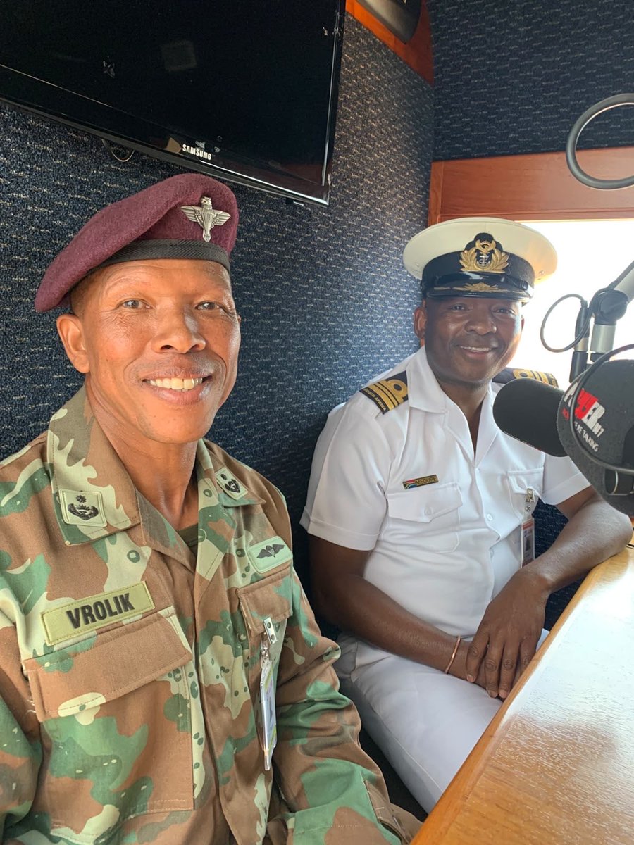Powerfm987's tweet photo. ON AIR: The Africa Aerospace and Defence (AAD) Exhibition 2026.
@LuskyDJ_ is in conversation with LT Commander Obed Medupe and LT-Col Vic Gerith Hermanus Vrolik. #POWERJams @SANDF_ZA https://t.co/xv7BnTvZx5