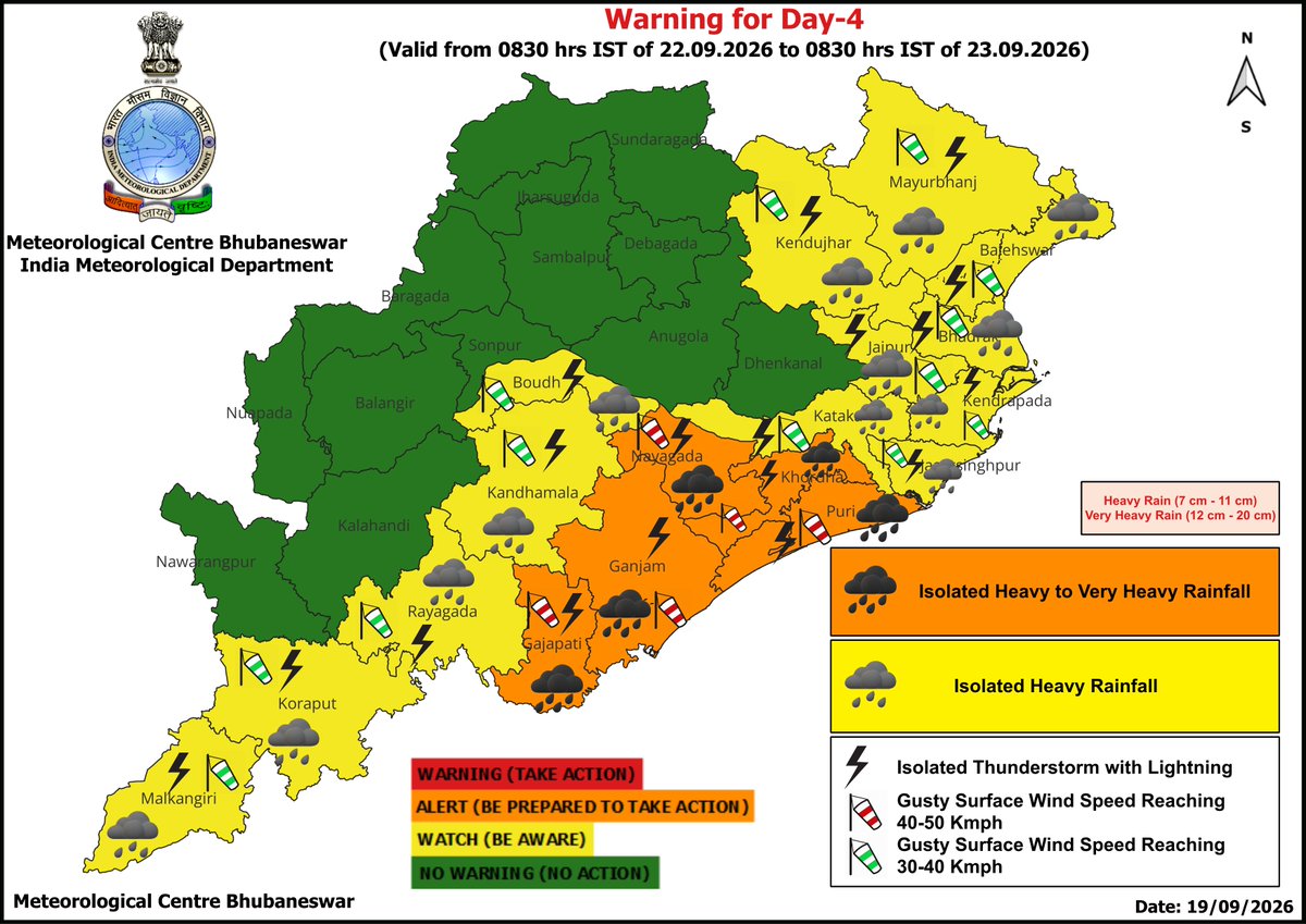 mcbbsr's tweet photo. Warning for Odisha.   
Day-4 to Day-7: Isolated Heavy to Very Heavy Rainfall, Isolated Heavy Rainfall.
Day-5 &amp; Day-6 : Extremely Heavy Rainfall.
Day-1 to Day-5 : Thunderstorm with Lightning and Gusty Wind.
 #odisha #rainfall #weather #warning https://t.co/iLUwoUq54S