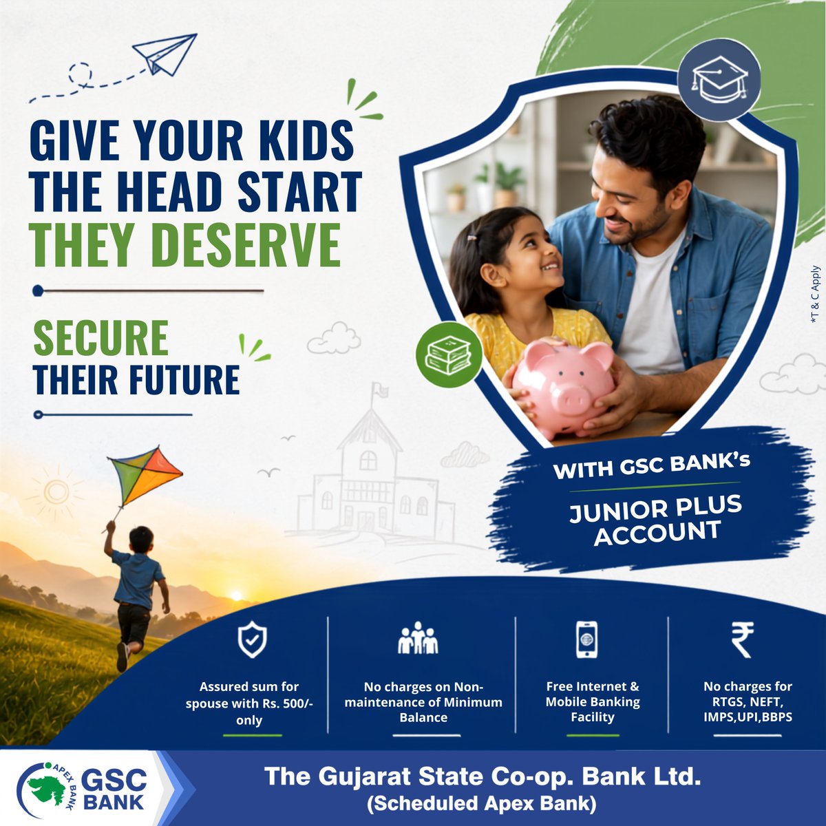 GSCBank's tweet photo. GIVE YOUR KIDS THE HEAD START THEY DESERVE.
Secure Their Future with GSC BANK's Junior Plus Account.
#GSCB #banking #JuniorPlusAccount #SavingAccount #Deposits #savings #NoCharges #services #investment #finance #money #bank #financialplanning #visityournearestbranch https://t.co/ztjmBTkshS