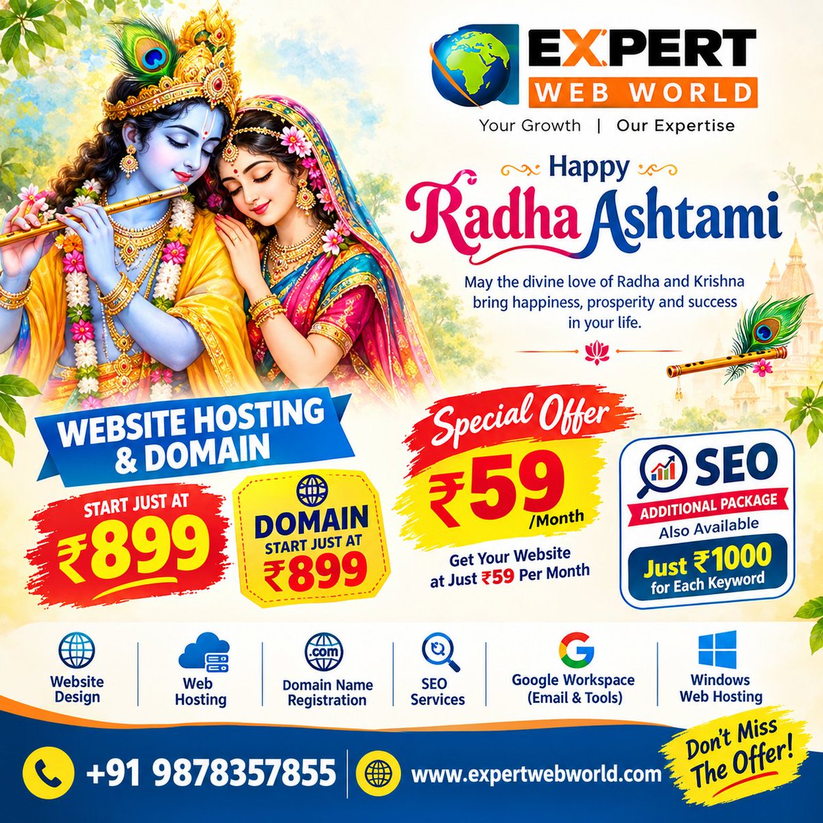 expertwebworld's tweet photo. πΈβ¨ Happy Radha Ashtami! β¨πΈ
May Radha & Krishna bless you with happiness, prosperity & success. ππ
π +91 9878357855
π https://t.co/esEux1ViLZ
Donβt miss the offer! π
#RadhaAshtami #ExpertWebWorld #WebHosting #SEO #Domain #DigitalMarketing https://t.co/WQDxzccvkh