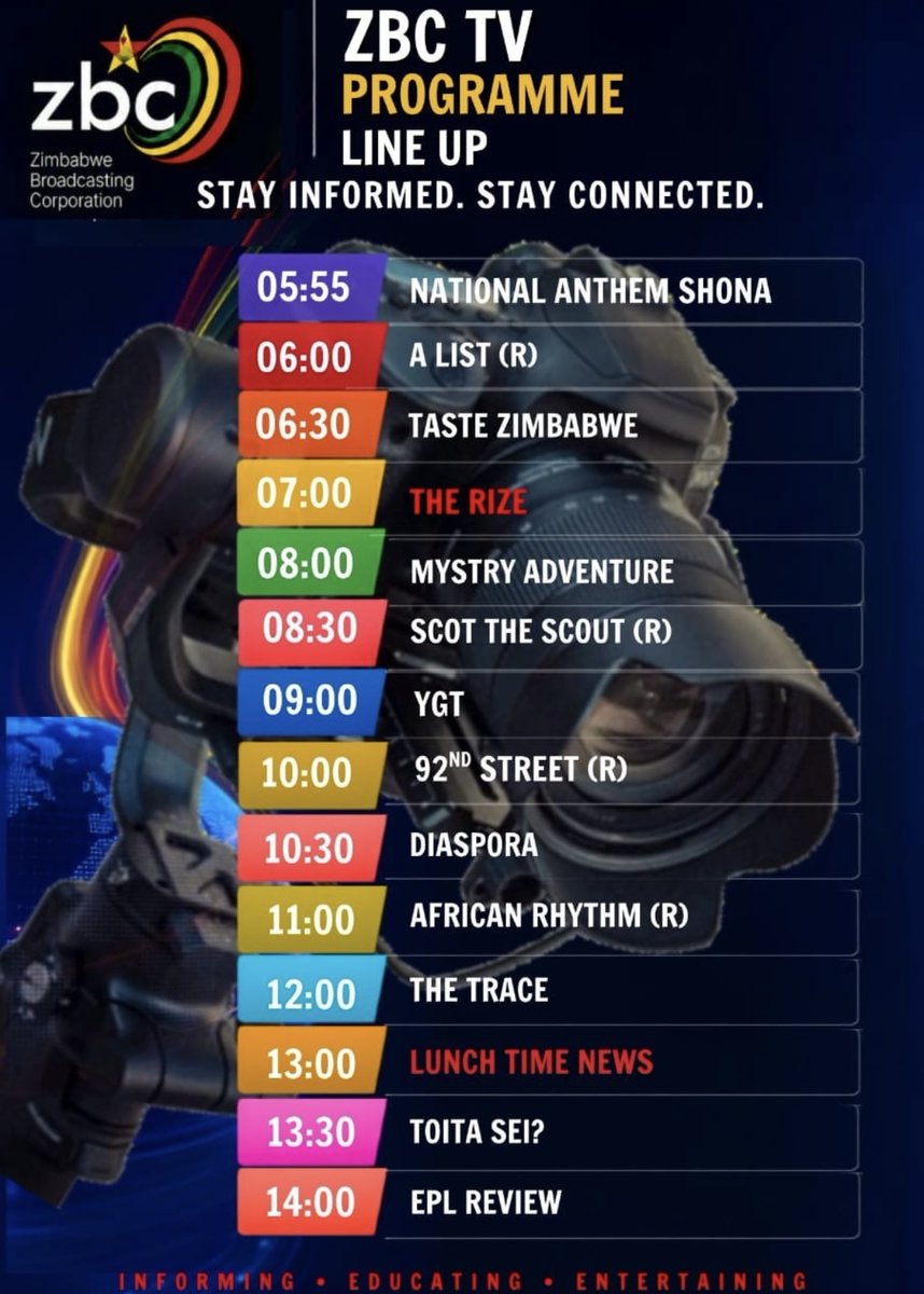powerfmzimbabwe's tweet photo. TODAY’S PROGRAMME LINE-UP ON

ZBC TV Stay informed, entertained and connected with your favourite shows, all day long!

#zbctv #zbcdigital #zplus https://t.co/1ZGG3NOQms