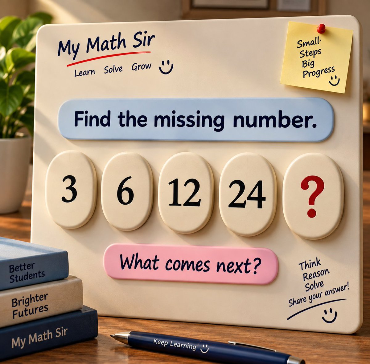 MyMathSir's tweet photo. 🧠 Can you spot the pattern?

3 → 6 → 12 → 24 → ?

What number comes next? Take a moment, work it out, and share your answer in the comments! 👇

#MyMathSir #MathPuzzle #NumberPattern #BrainTeaser #MathChallenge #LogicalReasoning #Maths https://t.co/5yQkM8r9ot