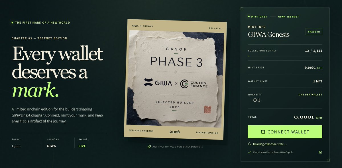 custosfinance's tweet photo. Now live: the Custos Finance × GIWA Phase 3 commemorative NFT is ready to claim.
Mark this milestone on-chain and claim yours:
https://t.co/mE9us1q7qS
#CustosFinance #GIWA #GASOK #RWA #NFT https://t.co/1Zqw8gM8oo