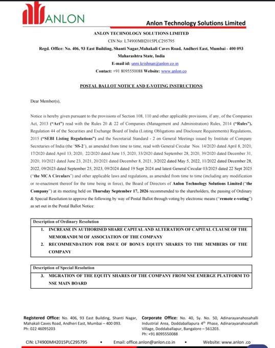 TheRealMannyPac's tweet photo. Migration 🧐 🧐 🧐 

SME --->  Main board 

Anlon technology 

Anlon Technology Solutions Limited's board approved the proposal to migrate its equity shares from the NSE Emerge Platform to the Main Board of the National Stock Exchange of India (NSE) on September 17, 2026.

Bonus https://t.co/PN5bseJYpp