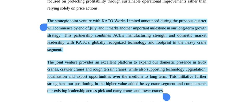 TheRealMannyPac's tweet photo. Action construction equipment 🏗️ 

ACE : Kanto JV  ( startgic partnership)

Startgic partnership Will commission by end of July 

ACE  has guided for ₹300 cr revenue from the Kato jv by FY29.

3% royalty of net selling price for export machine to Kato 

#ACE #Equipment https://t.co/UwzxTwySQo