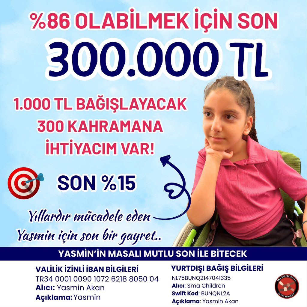 Sma_Yasminakan's tweet photo. Bazen bir çocuğun hayatına dokunmak, yalnızca bir bağış yapmak değildir.Bir annenin yüreğine umut, bir çocuğun yarınlarına ışık olmaktır.🤍
Yasmin'in önunde sadece %15 kaldı. Gelin bu yolu birlikte tamamlayalım.Yaşam mücadelesine ortak olalım.🤲🏻 https://t.co/n39E0yaSta