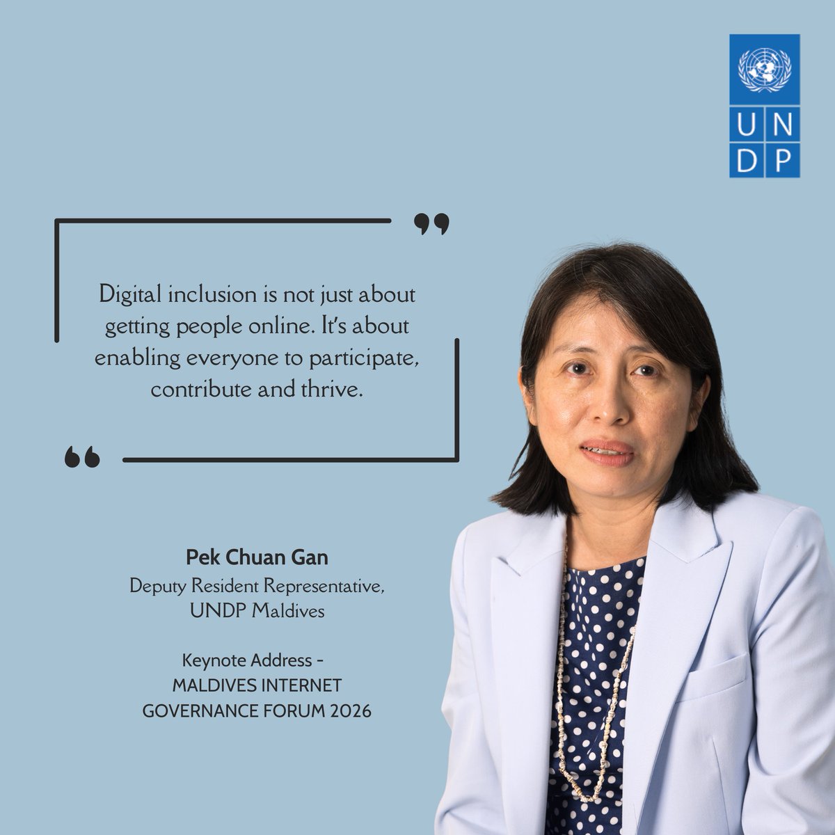 UNDPMaldives's tweet photo. The Maldives has made important progress in digital infrastructure and access. But as UNDP’s State of Digital in the Maldives assessment highlights, connectivity alone does not guarantee inclusion 🔗https://t.co/UPY6OmEMoi

At Maldives Internet Governance Forum 2026, UNDP’s @PekChuanGan calls for stronger regulation, coordination and citizen engagement to ensure digital transformation works for everyone.