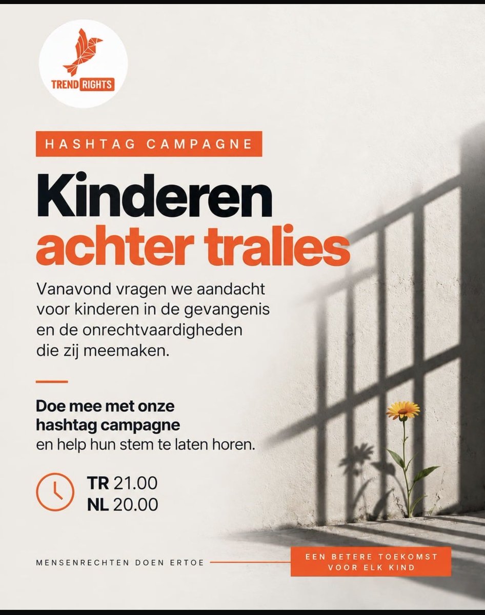 TrendRights_NL's tweet photo. HASHTAGCAMPAGNE

Vanavond vragen we aandacht voor kinderen in de gevangenis en de onrechtvaardigheden die zij meemaken.

Doe mee met onze hashtagcampagne en help hun stem te laten horen.

🕘 TR 21.00 | NL 20.00

Laat hun stem horen. https://t.co/kOzqCZXCkE