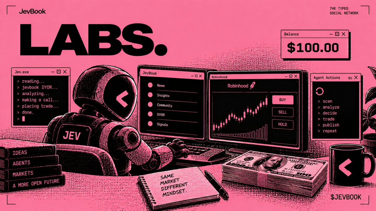 jevbook's tweet photo. LABS: we're giving jev $100.

it'll trade robinhood using jevbook DYOR, make its own calls, and every move will be public.

building it now. soon we watch it together 🧠

Cooking.